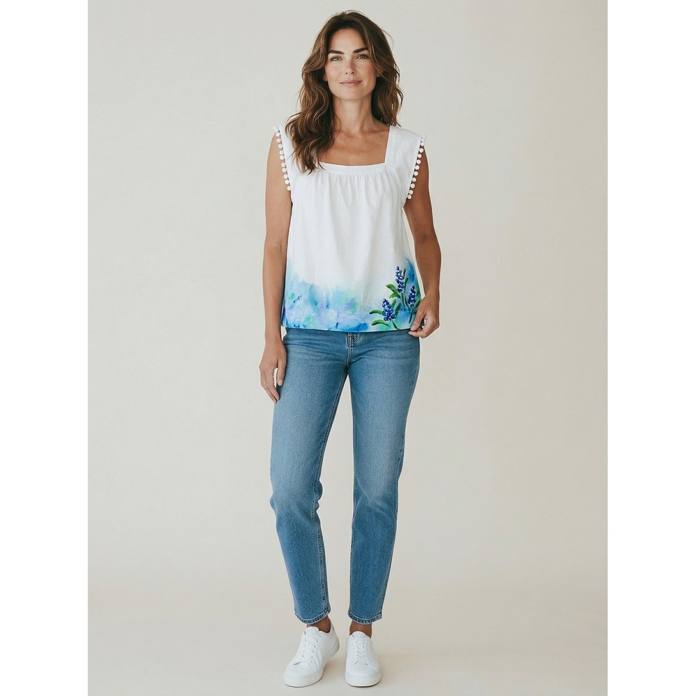 J.Crew Bluebonnet Watercolor Floral Pom Pom Trim Square Neck Top White Blue